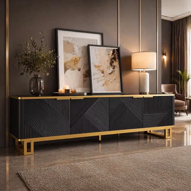 Mobile TV REDOM moderno in MDF nero e oro con texture geometrica L: 160 cm, P: 37,5 cm, H: 48 cm – 1