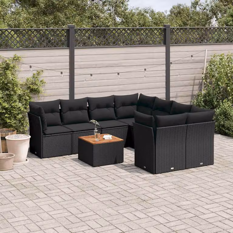 Set di divani da giardino vidaXL in 9 pezzi con cuscini e tavolino da esterno in polyrattan nero