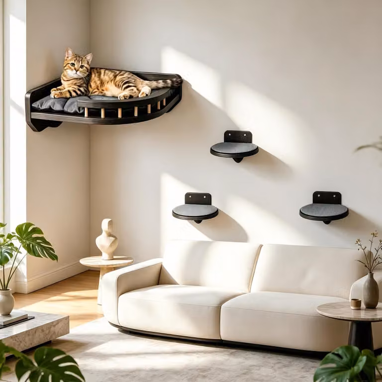 Pareti per gatti con cuccia e tre gradini, realizzate in legno di betulla