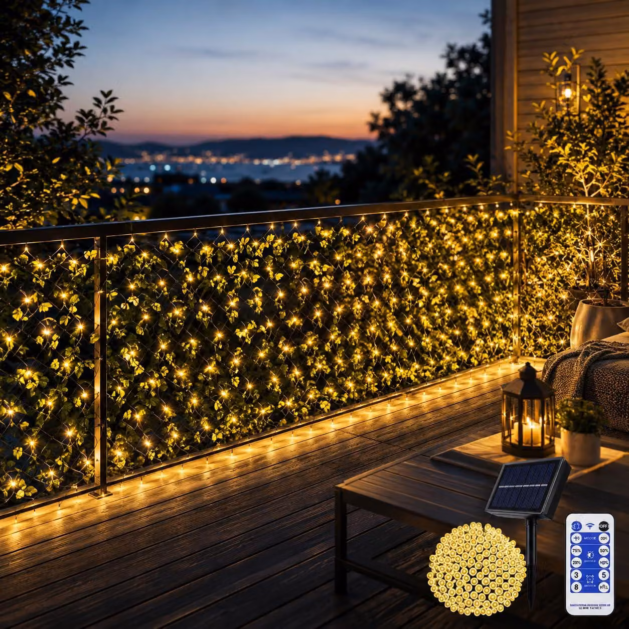 Rete luminosa a LED solare, dimensioni 4,5 x 1,5 metri, 192 LED a luce calda, con telecomando