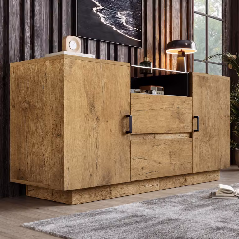 Cassettiera Merax in rovere con 2 cassetti + 2 armadi, credenza con ripiani regolabili in altezza, vetro di sicurezza temprato e maniglie nere, H70/B140/D40 cm
