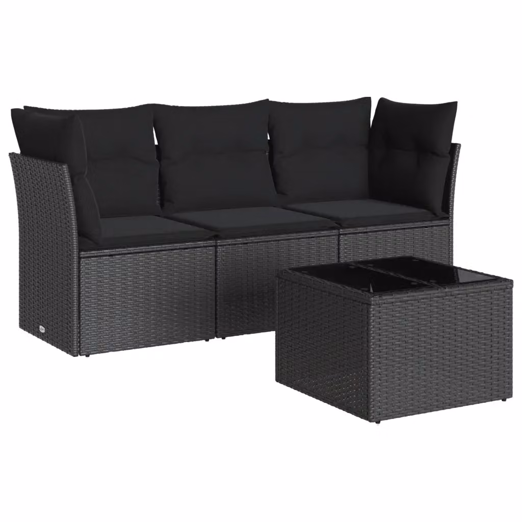 Set di divani da giardino vidaXL 4 pezzi in polyrattan nero con cuscini e tavolino da esterno – 2