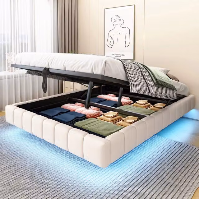 Letto imbottito 140x200 cm - Zephmum - Telaio idraulico con spazio di archiviazione, LED, lino beige