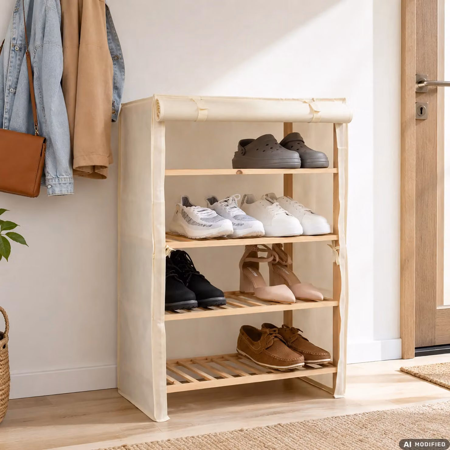 Scarpiera VESTIAMO CASA Linea Woodhandy con 4 Ripiani in Legno di Abete e Rivestimento in Tessuto Beige o Bianco, H 88,5 x L 63 x P 27 cm – 2