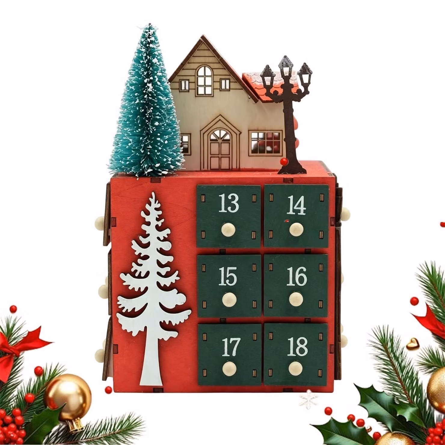 Calendario dell'Avvento natalizio in legno, a forma di villaggio, con 24 giorni