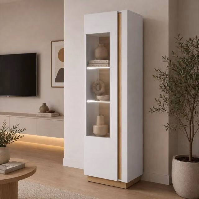 Vetrina Espositore DMORA con Ante in Vetro e Illuminazione Integrata, L/P/H: 60 x 40 x 194 cm, Colore Bianco Lucido