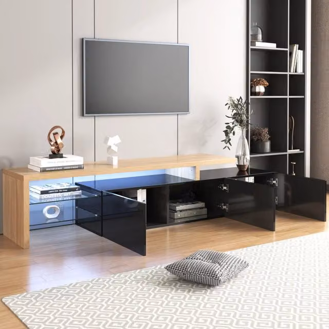 Mobile TV moderno WISHDOR con illuminazione LED integrata, ripiani in vetro e 3 vani contenitore, nero lucido e effetto legno, L: 197,5 cm, P: 39,0 cm, H: 42,0 cm