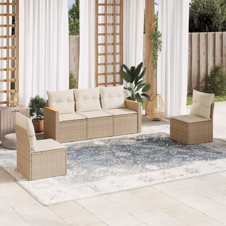 vidaXL Set Divano da Giardino 5 pz in Polyrattan con Cuscini Beige e Struttura in Acciaio Verniciato a Polvere