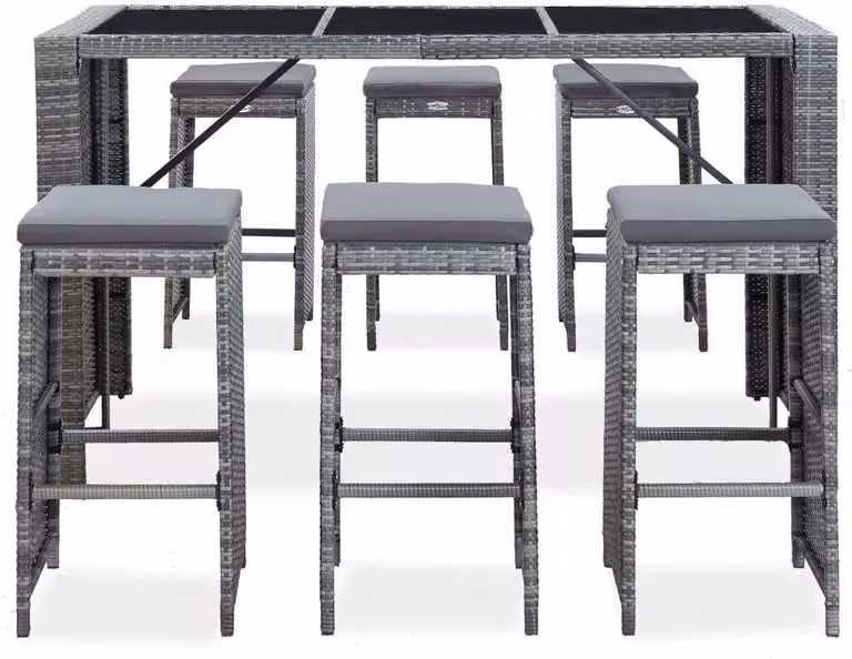 Set da Bar da Giardino 7 pz con Cuscini in Polyrattan Grigio