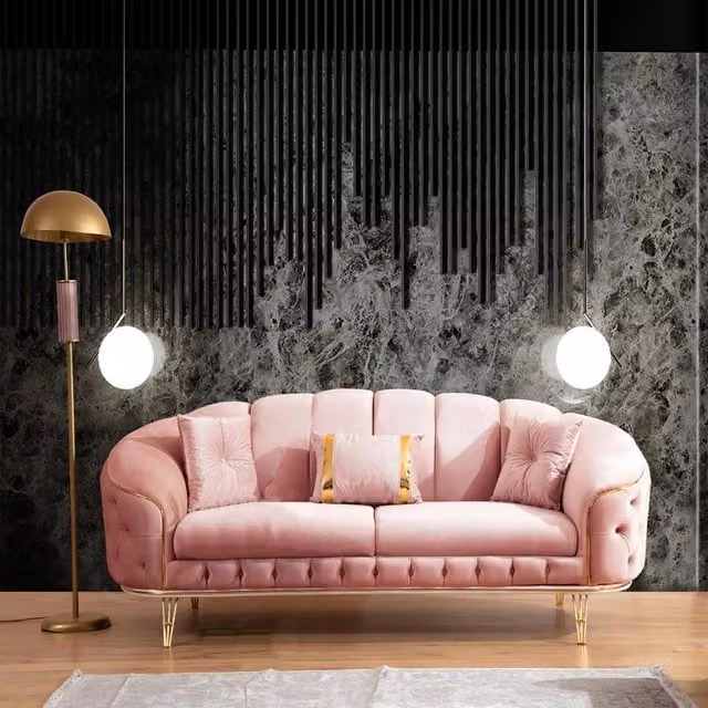 Divano 2 posti Mino TEZETA in velluto rosa antico con dettagli e base dorati L: 200 cm, P: 88 cm, H: 63 cm – 1