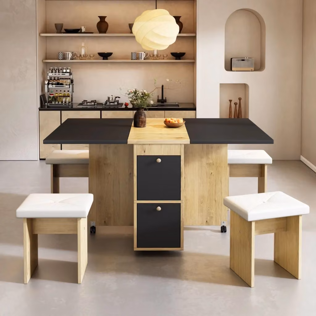 Set da pranzo moderno REDOM composto da tavolo rettangolare allungabile con piano pieghevole e 5 sedie, finitura effetto quercia, colori bianco e nero – 2