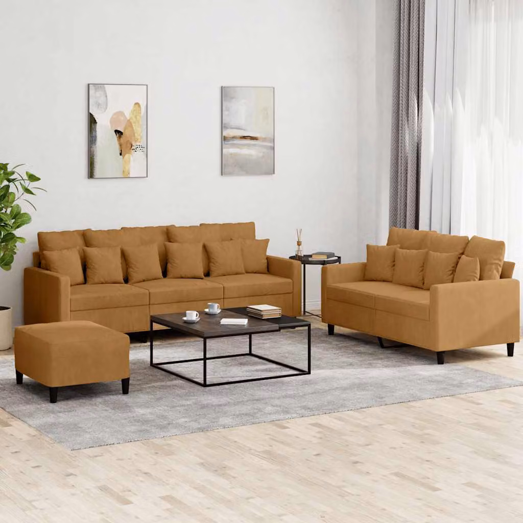 vidaXL Set di Divani Moderno in Velluto Marrone con Cuscini e Pouf – 1