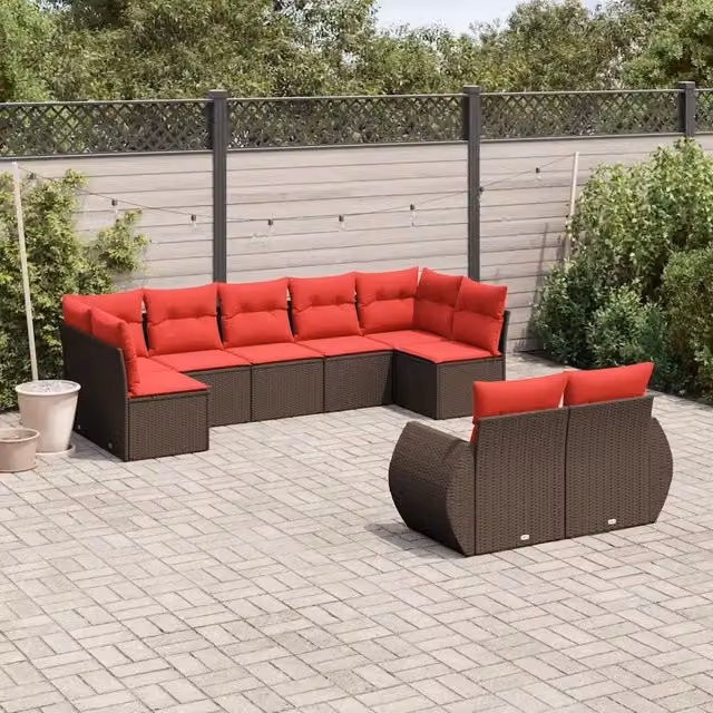 Set Divani da Giardino 9 pz con Cuscini Marrone in Polyrattan 3221823