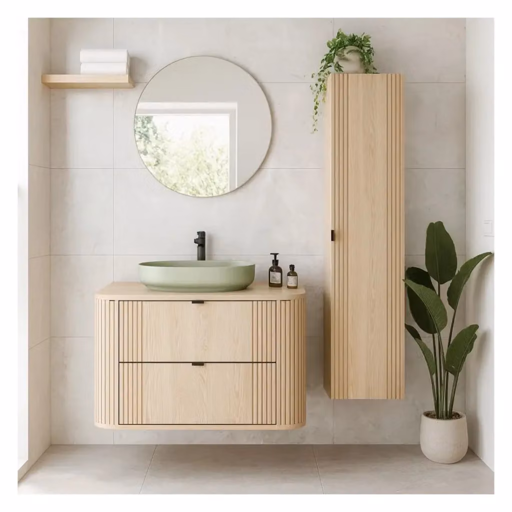 Set da bagno KORI Meublorama moderno in legno MDF color marrone e beige composto da mobile sottolavabo, piano, lavabo da appoggio e colonna di stoccaggio – 2