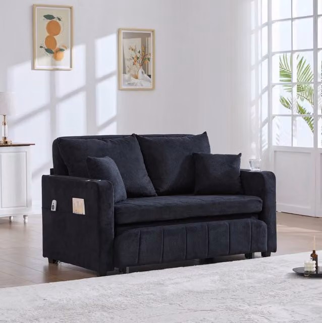 Divano letto multifunzionale in ciniglia; 139x83x58 cm; nero; con 4 cuscini
