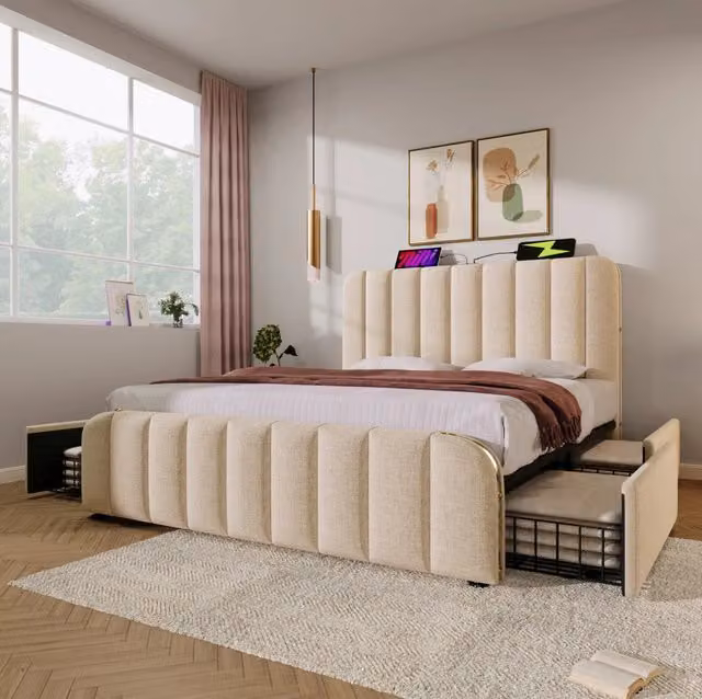 Letto imbottito 160x200 cm con 4 cassetti; USB e Type-C; lino beige
