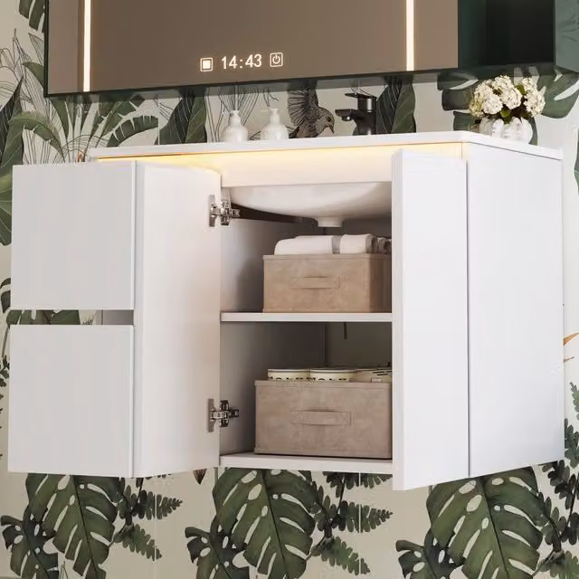 Mobile sottolavabo con 2 cassetti e lavabo integrato, LED a sensore radar, per bagno, in MDF e ceramica, bianco, 76 × 47 × 57 cm