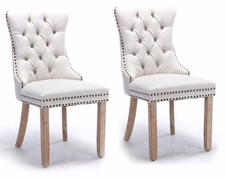 Set di 2 poltrone da pranzo in lino, con capitonnage a bottoni e gambe in legno di gomma, color beige