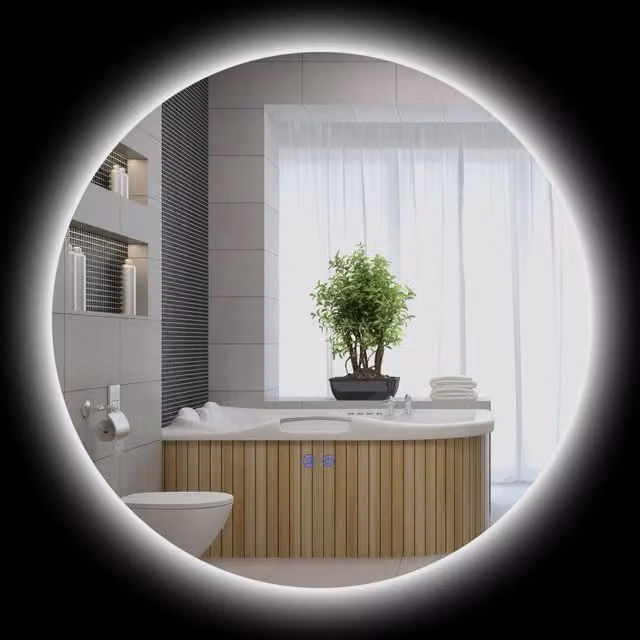 Specchio da bagno Zephmum rotondo con luci LED, funzione antiappannamento e touch switch, colore bianco, diametro: 70 cm