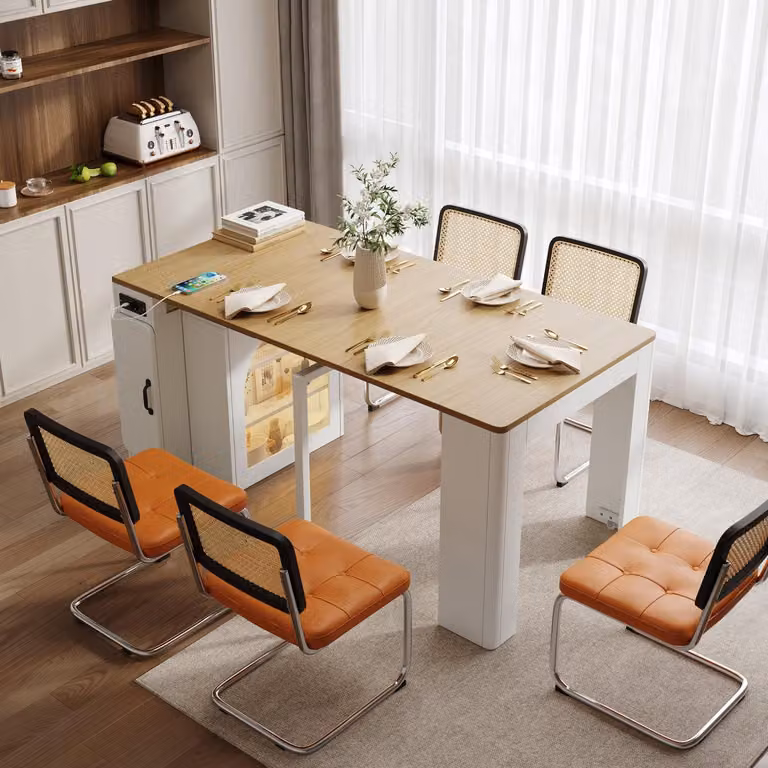 Isola cucina mobile bianca con ruote, tavolo da pranzo estendibile con piano removibile, carrello di servizio con prese elettriche, credenza o mobiletto laterale