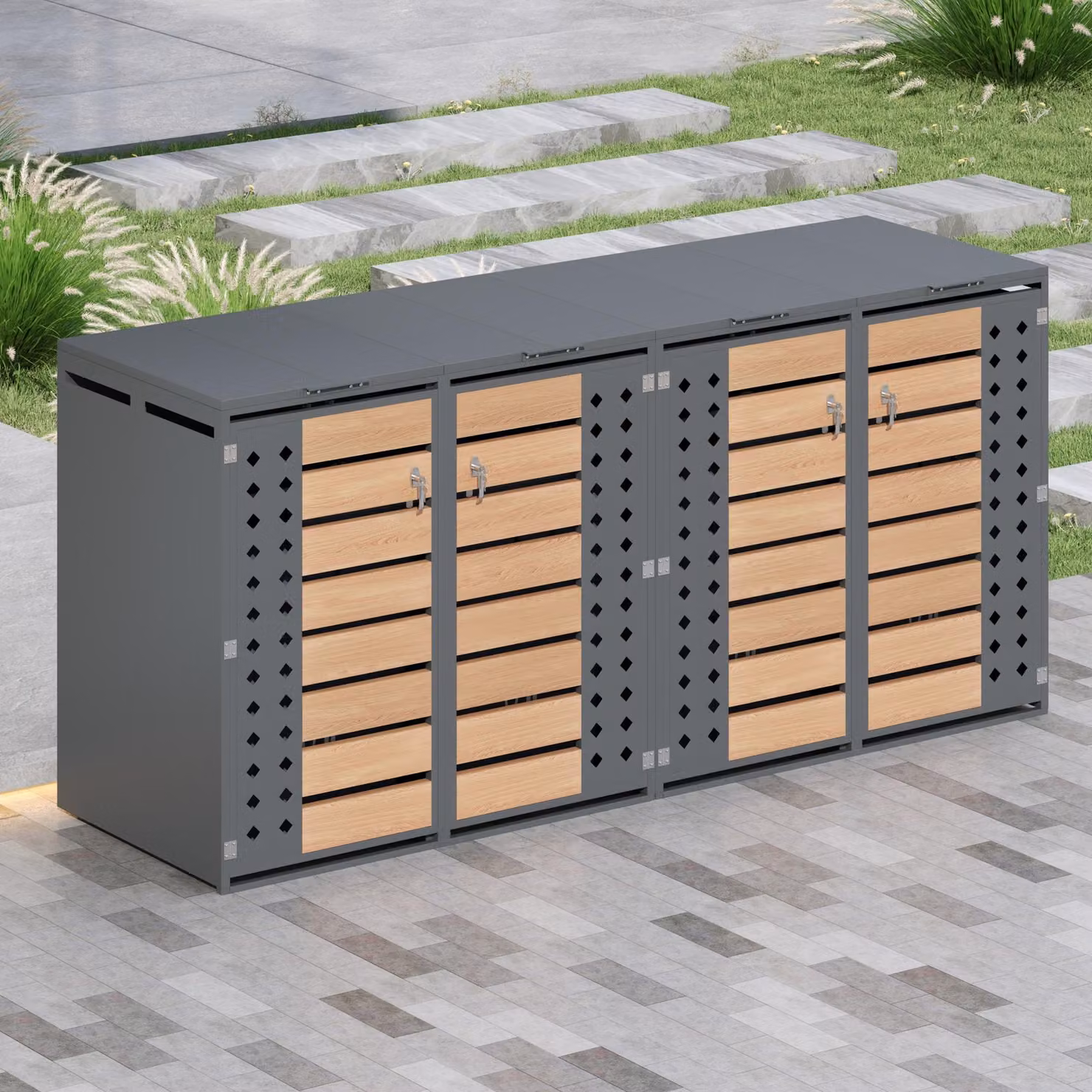 Box per bidoni della spazzatura Merax a 2 scomparti con coperchio ribaltabile, intagli laterali a forma di diamante, venature del legno orizzontali, chiudibile a chiave, 2 scomparti per giardino e cortile