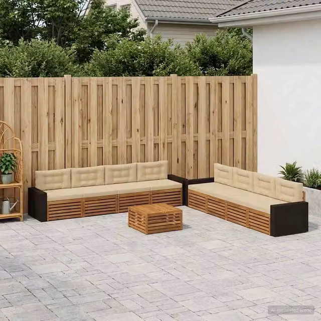 Set di mobili da giardino vidaXL a forma di U composto da divano a 3 posti, poltrone e tavolino da caffè in legno di acacia con cuscini beige – 1