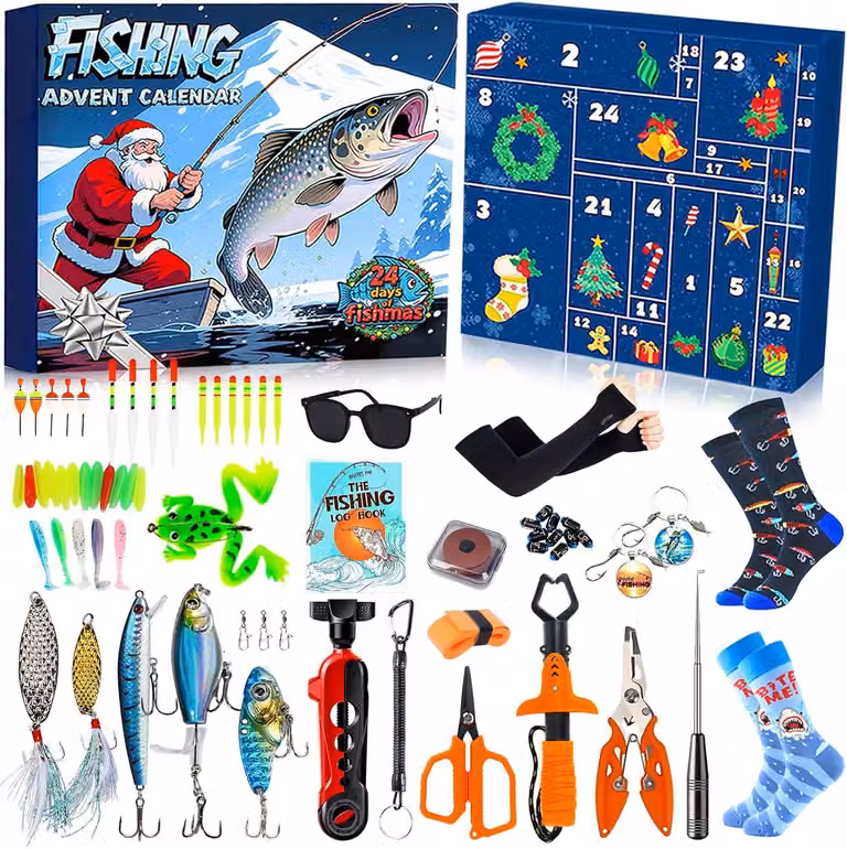 Calendario dell'Avvento 2025 per uomini, ragazzi e bambini: calendario natalizio di 24 giorni con accessori da pesca di alta qualità (attrezzatura, strumenti, sorprese)