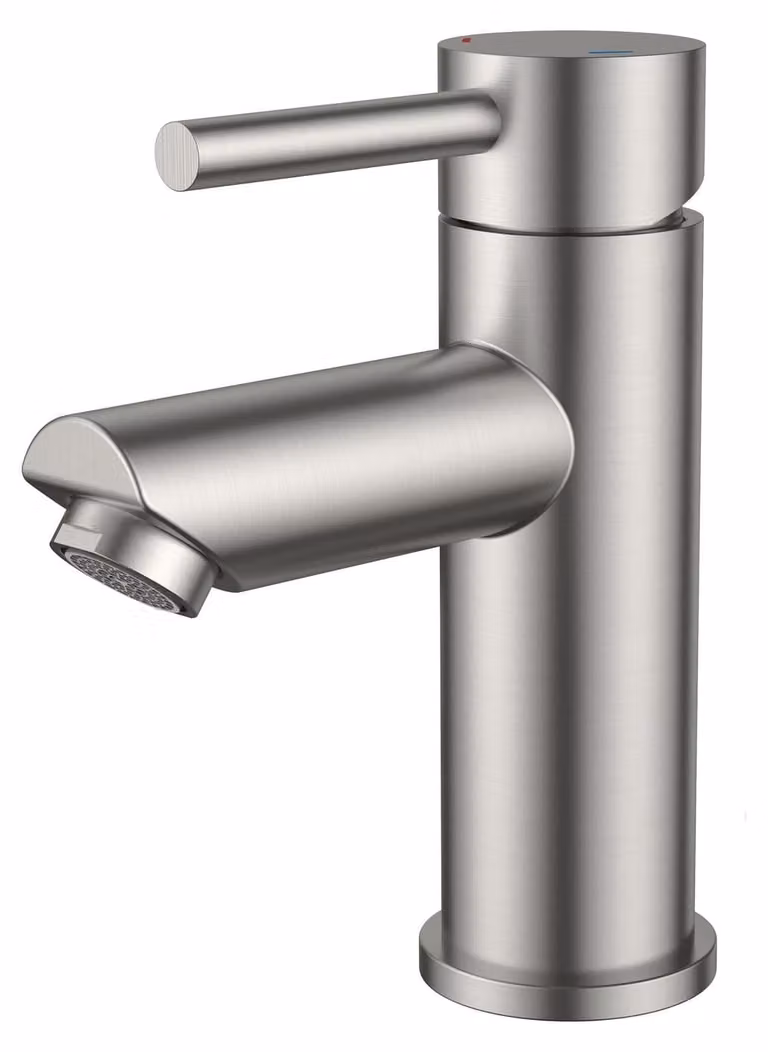 Rubinetto per lavabo bagno - Miscelatore monocomando - Acciaio inox spazzolato - Senza gocciolamento, bocca 45 gradi