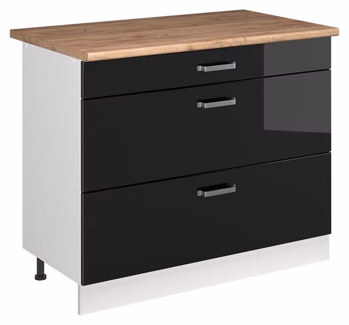 Mobiletto base per cucina Vicco R-Line Nero lucido/Bianco 100 cm piano di lavoro Rovere dorato, Model 71533