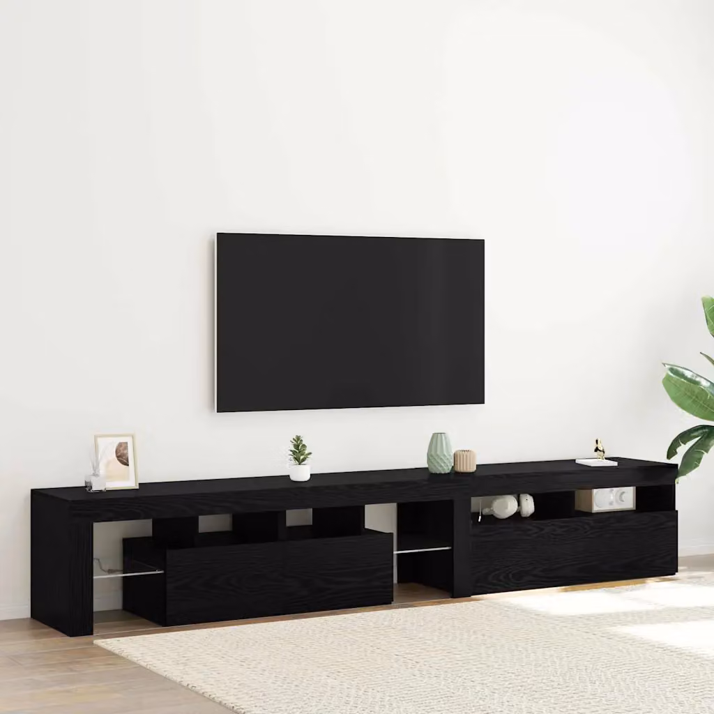 Mobile TV vidaXL moderno in legno ingegnerizzato e vetro, colore nero e rovere, con illuminazione integrata e scomparti multimediali, L: 230 cm, P: 40 cm, H: 43,06 cm