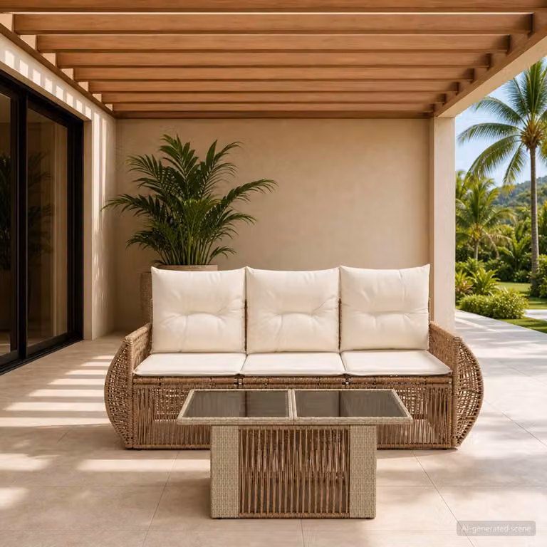 Set Divano da Giardino vidaXL in Polyrattan 4 Pezzi con Cuscini Beige e Bianco Crema