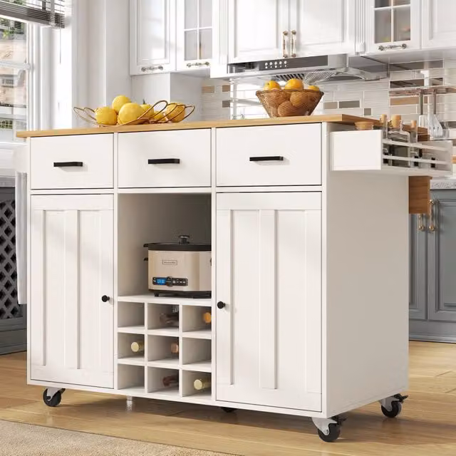 Carrello da cucina in MDF con piano pieghevole 3 cassetti 2 ante portabottiglie e ruote bianco 104 × 39,5 × 91,5 cm