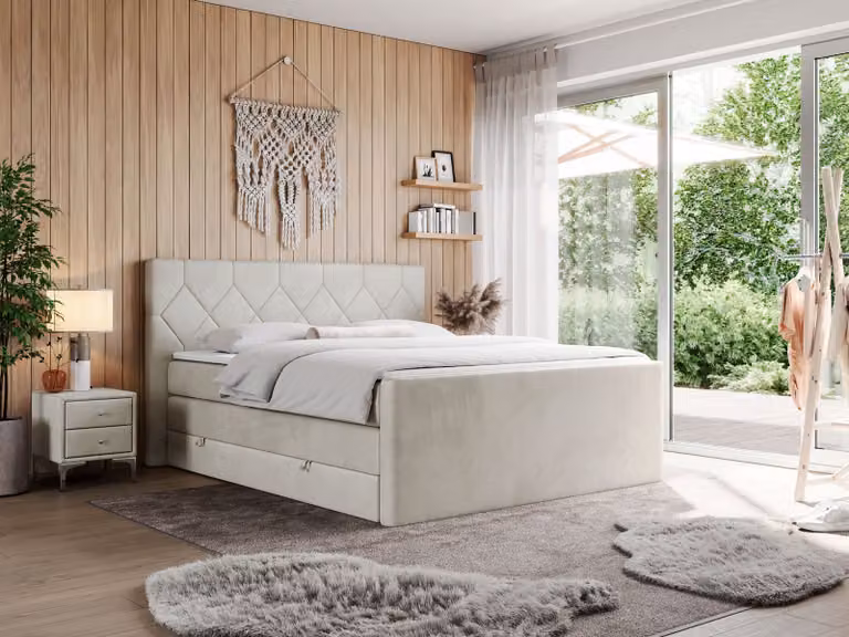 Letto boxspring con materasso matrimoniale, due cassetti portaoggetti, coprimaterasso, per camera da letto - KING EIGAR - 120x200 cm - Beige - H3