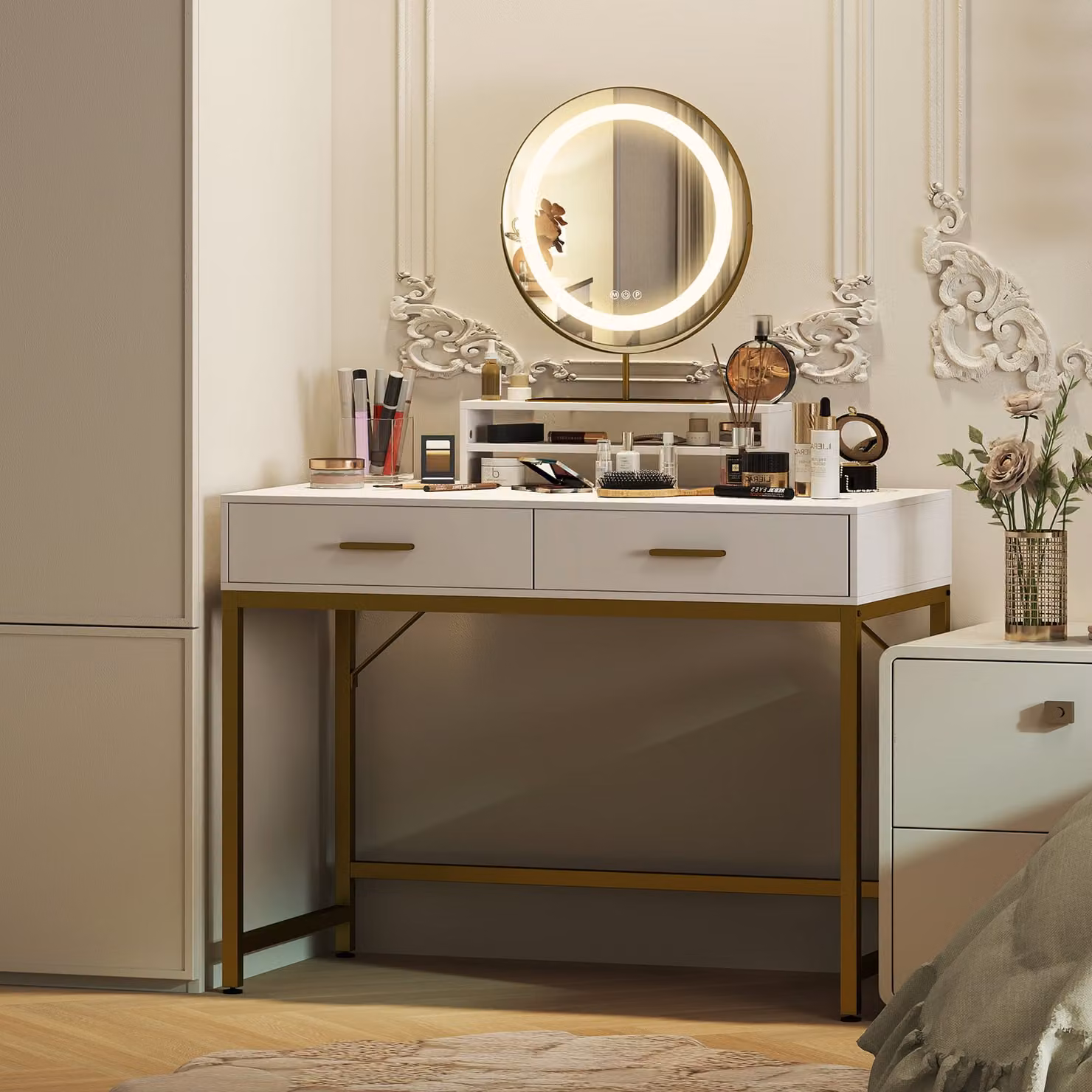 Tavolino da toilette AIORBER, con illuminazione LED e specchio girevole a 360°, tavolino da toilette, con 2 cassetti e ripiano aperto, 100 x 50 x 137,5 cm, bianco