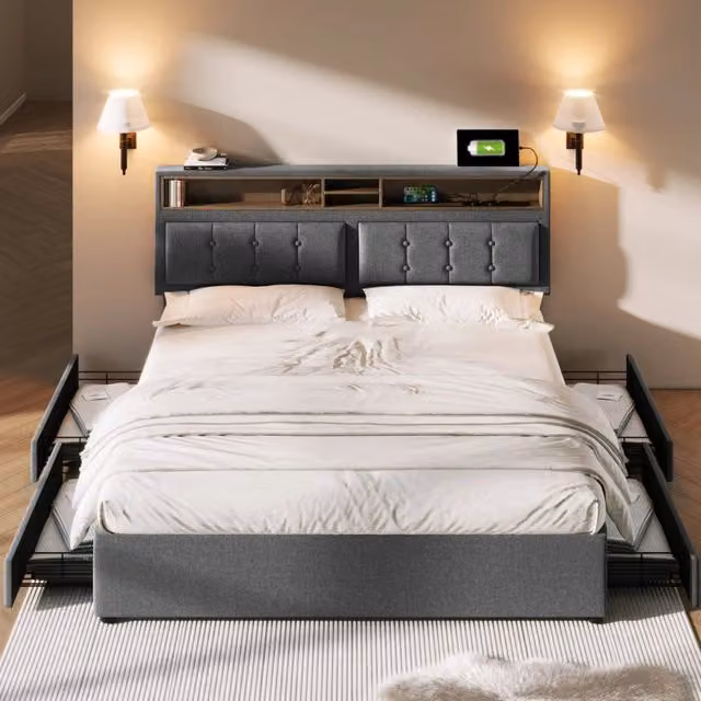 Letto imbottito 140x200 cm con 4 cassetti; testiera regolabile; prese USB e Type-C; grigio