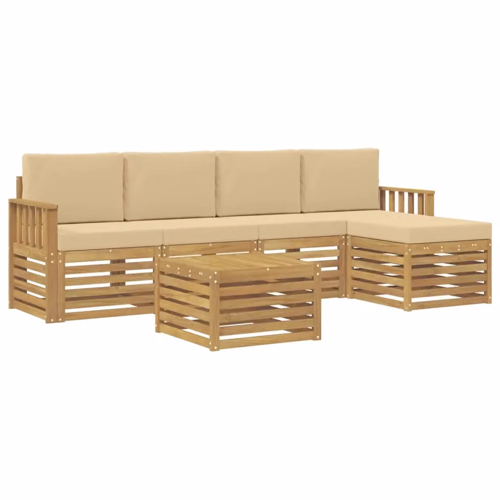 Set di mobili da giardino vidaXL composto da divano angolare a L, tavolino e pouf in legno di acacia con cuscini in tessuto bianco e beige – 2