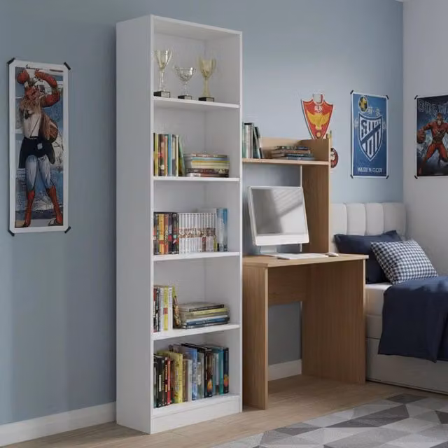 Libreria Artico DMORA moderna con 5 ripiani, mobile porta libri bianco opaco per ufficio, soggiorno o cameretta, L: 52 cm, P: 25 cm, H: 80 cm