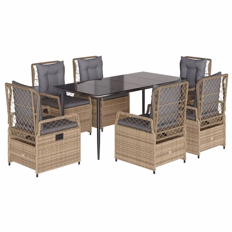 Set da Pranzo da Giardino 7 pz con Cuscini Beige in Polyrattan