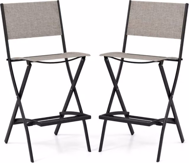 Set di 2 sgabelli da bar pieghevoli per esterno con telaio in metallo laccato e poggiapiedi, disponibili in marrone o grigio – 1