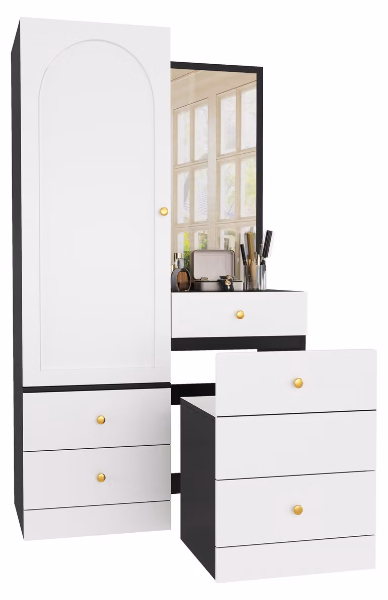 Armadio Moonbite con specchio e angolo trucco, 160 cm, mobile contenitore con poggiapiedi estraibile, cassetti suddivisi, pannello MDF, colore nero