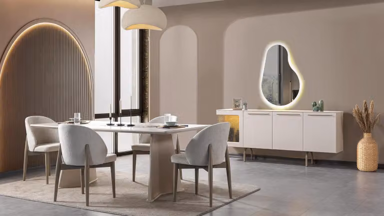 Tavolo da pranzo con 4 sedie e consolle, stile moderno, colore bianco, in ottime condizioni, quasi nuovo