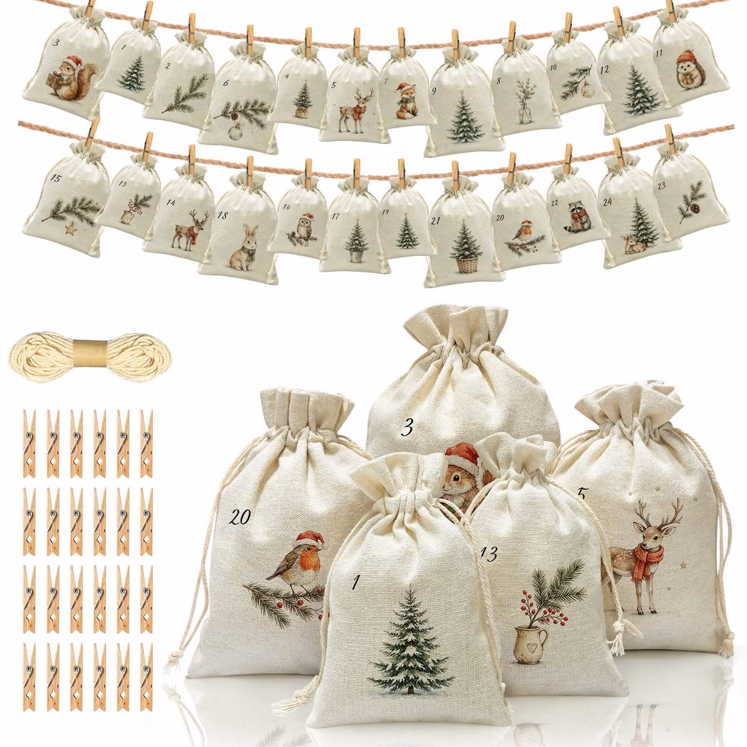 Calendario dell'Avvento da riempire, 24 sacchetti di tessuto bianchi, 20x15 cm