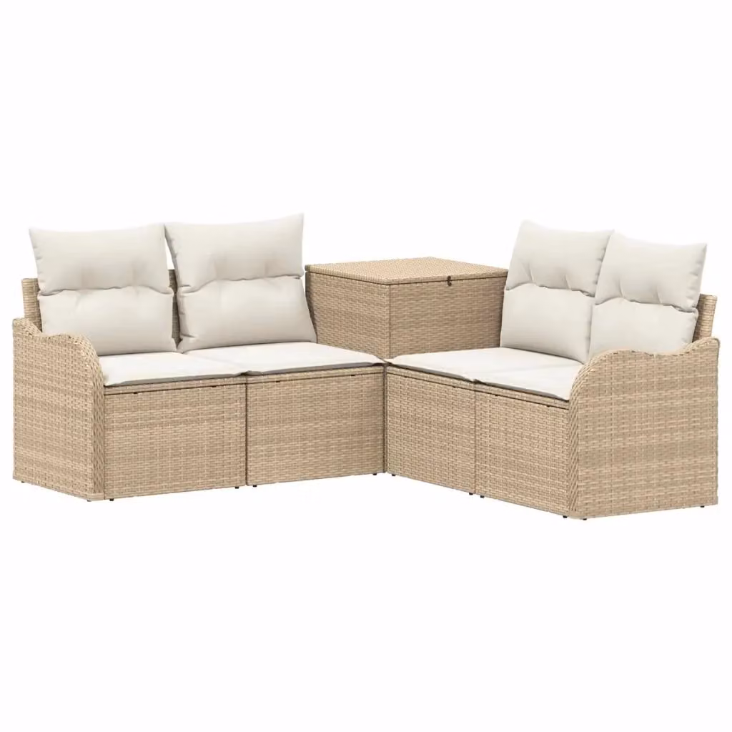 Set di divani da giardino a forma di L vidaXL in polyrattan beige e bianco con cuscini e pouf coordinato – 2