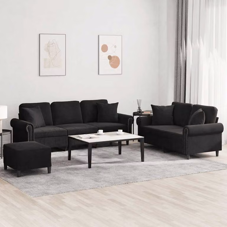 Set di divani vidaXL 3 pezzi in velluto nero con pouf e cuscini per soggiorno moderno