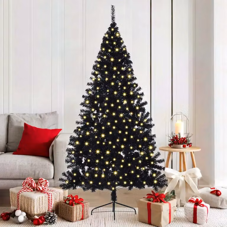 Albero di Natale artificiale moderno vidaXL con luci LED bianco caldo, colore nero, Altezza: 180 cm, in PVC e metallo