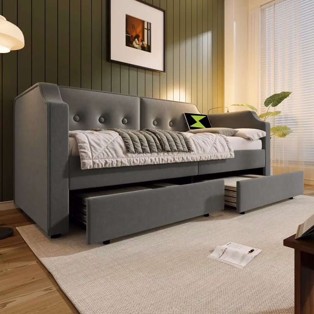 Letto divano moderno in tessuto grigio con 2 cassetti, porte USB e Type-C e lampada da lettura integrata, L/P/H: 90 x 200 cm, senza materasso – 2