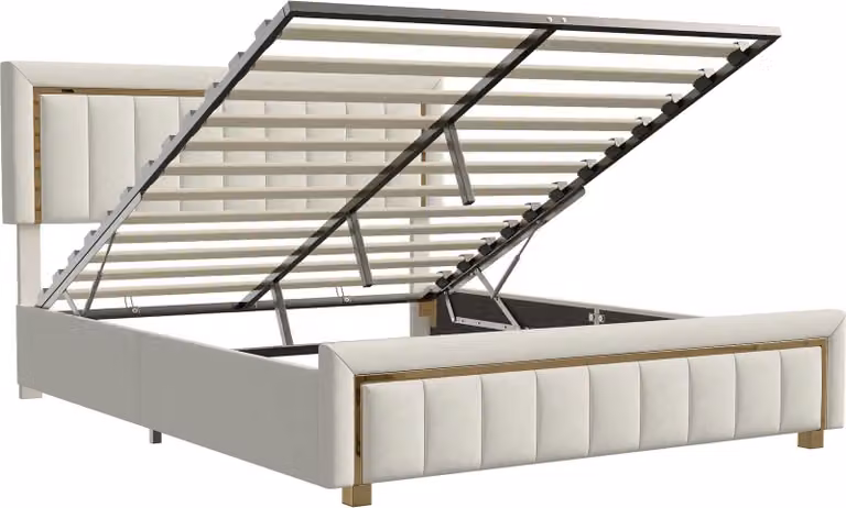 Letto imbottito 140x200 cm - Letto matrimoniale con spazio contenitore - Struttura in legno con rete a doghe - Rivestimento in velluto - Design moderno per la camera da letto - Beige