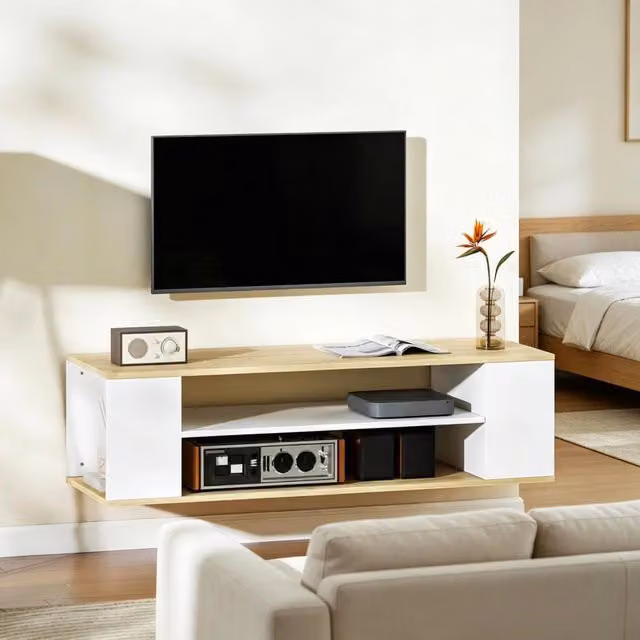 Mobile porta TV 120x40x38.5 cm con ruote e montaggio a parete; in truciolare naturale e bianco