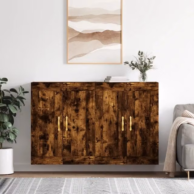 Set di 2 armadietti a parete vidaXL in legno e metallo color rovere fumo marrone con ante a battente per bagno in stile moderno