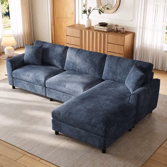Divano angolare modulare 256x137x79 cm in ciniglia blu con chaise longue reversibile